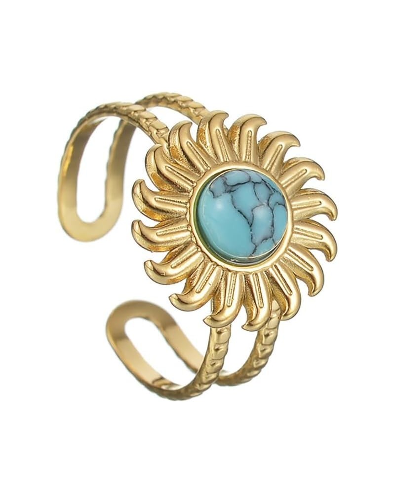 Turquoise Sun Ring for Women Girls Stainless Steel Rings 18K Gold Plated Open Statement Ring Layered Wrap Finger Bands Adjust...