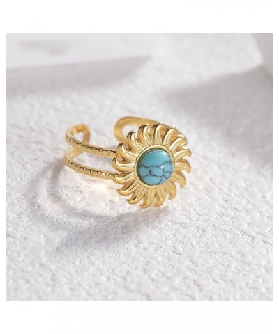 Turquoise Sun Ring for Women Girls Stainless Steel Rings 18K Gold Plated Open Statement Ring Layered Wrap Finger Bands Adjust...