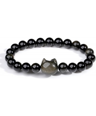 Healing Crystal Bracelet 8mm Beaded Bracelet Natural Stone Elastic Bracelets with Cat Head Accessories for Men Women Golden O...