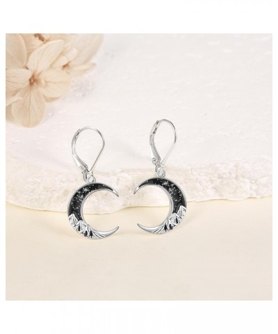 Cat Gifts for Cat Lover Black Cat Earrings for Women 925 Sterling Silver Leverback Earrings Moon Cat Jewelry Birthday Mother'...