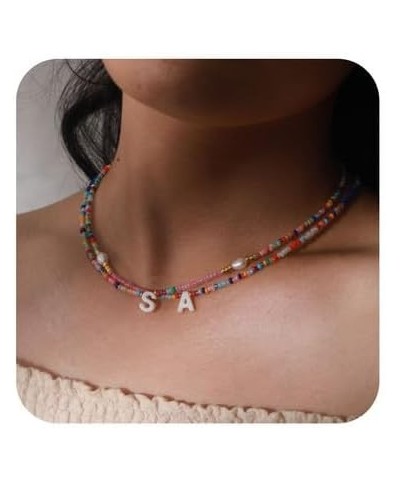 Colorful Beaded Initial Necklace for Women, Pearl Shell Letter Choker Summer Beach Layering Necklaces for Girls J $7.41 Neckl...