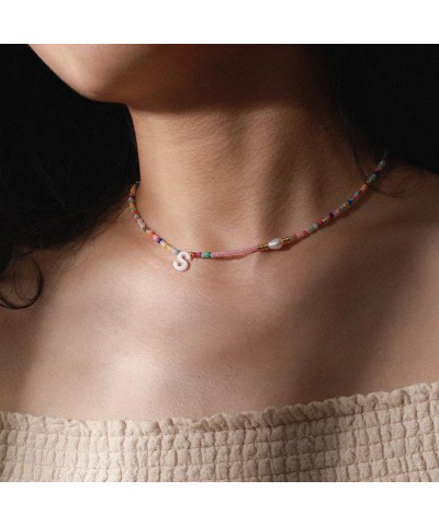 Colorful Beaded Initial Necklace for Women, Pearl Shell Letter Choker Summer Beach Layering Necklaces for Girls J $7.41 Neckl...