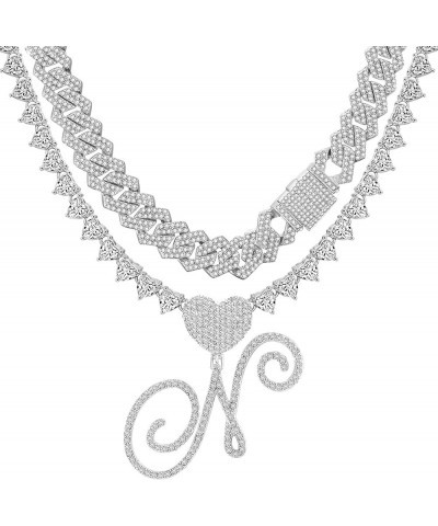 Silver Cuban Link Chain for Women Cursive Initial Layered Necklaces Heart Shape Bling Diamond Iced Out Pendant Necklace for W...