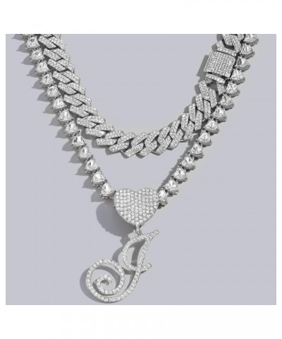 Silver Cuban Link Chain for Women Cursive Initial Layered Necklaces Heart Shape Bling Diamond Iced Out Pendant Necklace for W...