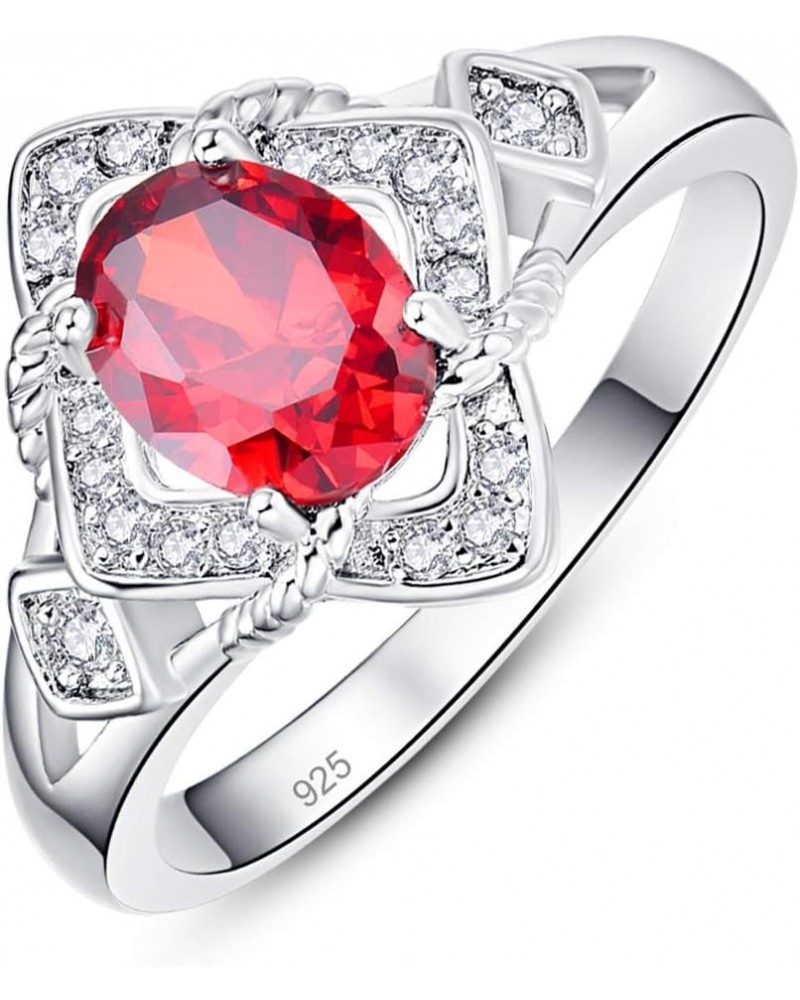 925 Silver Plated Oval Cut Simulated Ruby Spinel Flower Shaped Ring Promise Wedding Ring for Women D_Red $4.00 Rings