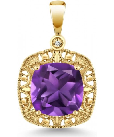 10K Yellow Gold Cushion Cut 8MM Gemstone Birthstone and White Diamond Accent Pendant Necklace For Women Amethyst $60.45 Neckl...