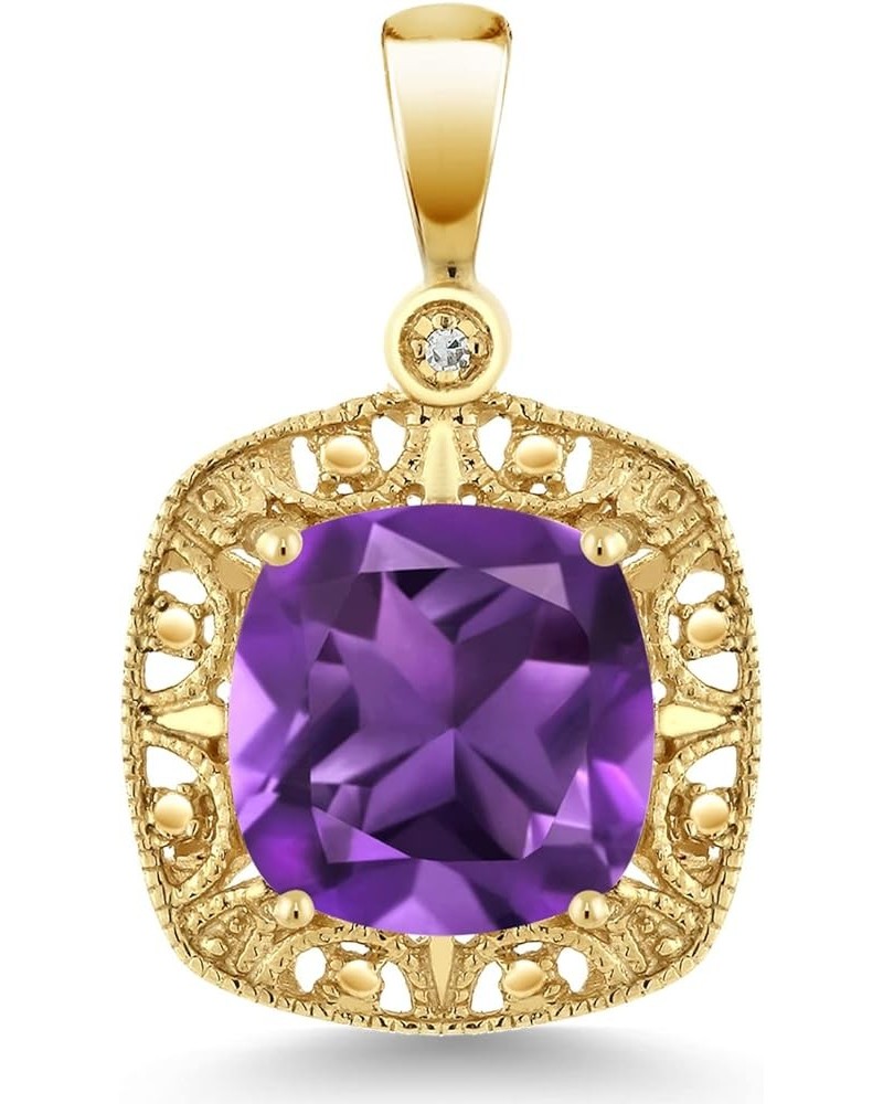 10K Yellow Gold Cushion Cut 8MM Gemstone Birthstone and White Diamond Accent Pendant Necklace For Women Amethyst $60.45 Neckl...