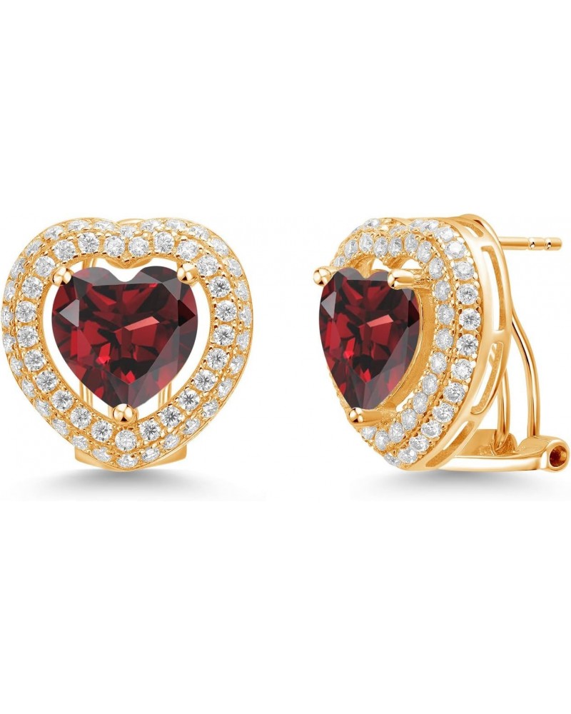 18K Yellow Gold Plated Silver Post Clip Stud Earrings Heart Shape Red Garnet and Moissanite (9.65 Cttw) $99.45 Earrings