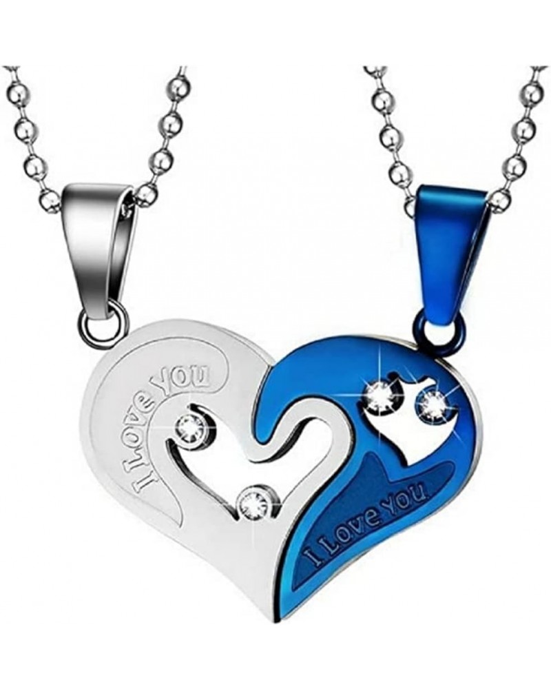 Two Pieces Puzzle Pendant Couples Silver Stainless Steel Heart Shaped with I Love You Message Pendant and Couple Matching Nec...