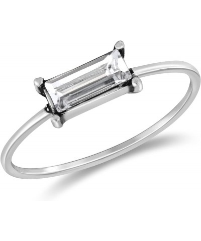 Classic Solitaire Baguette Crystal Rectangle .925 Sterling Silver Band Ring 7 $8.97 Rings