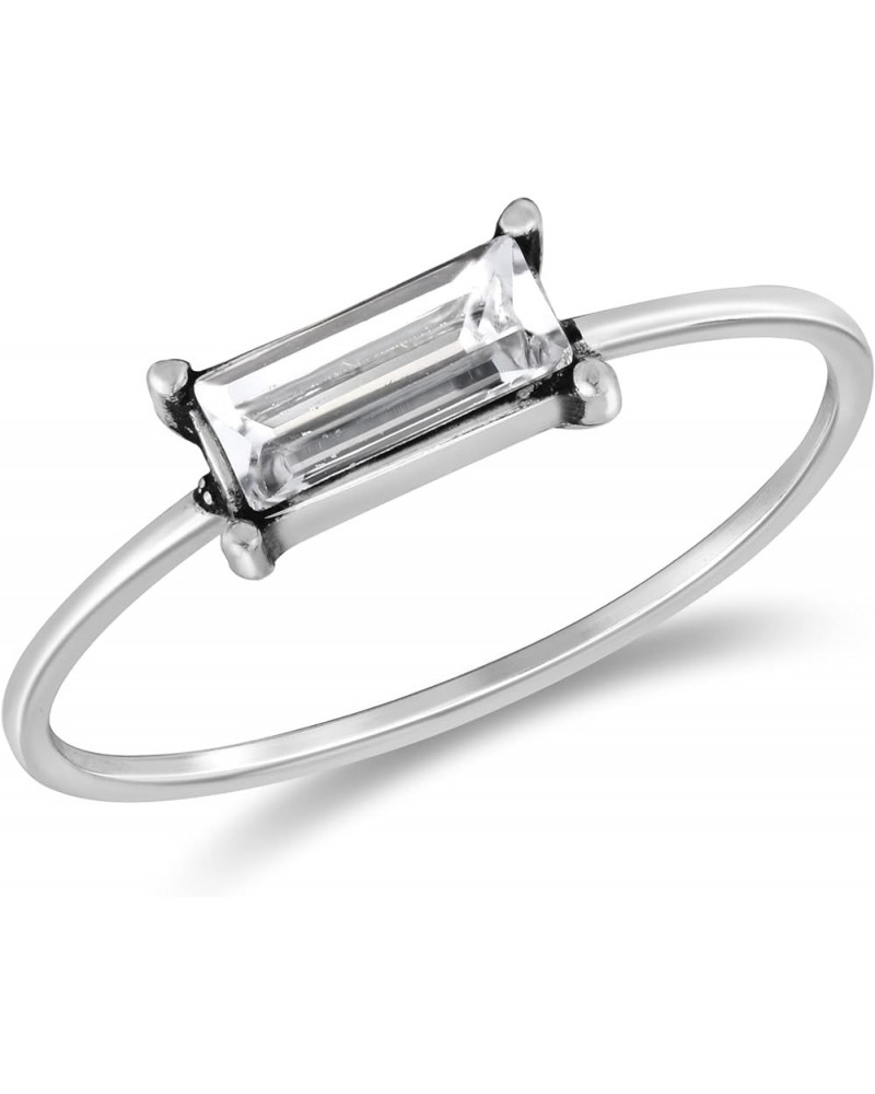 Classic Solitaire Baguette Crystal Rectangle .925 Sterling Silver Band Ring 7 $8.97 Rings