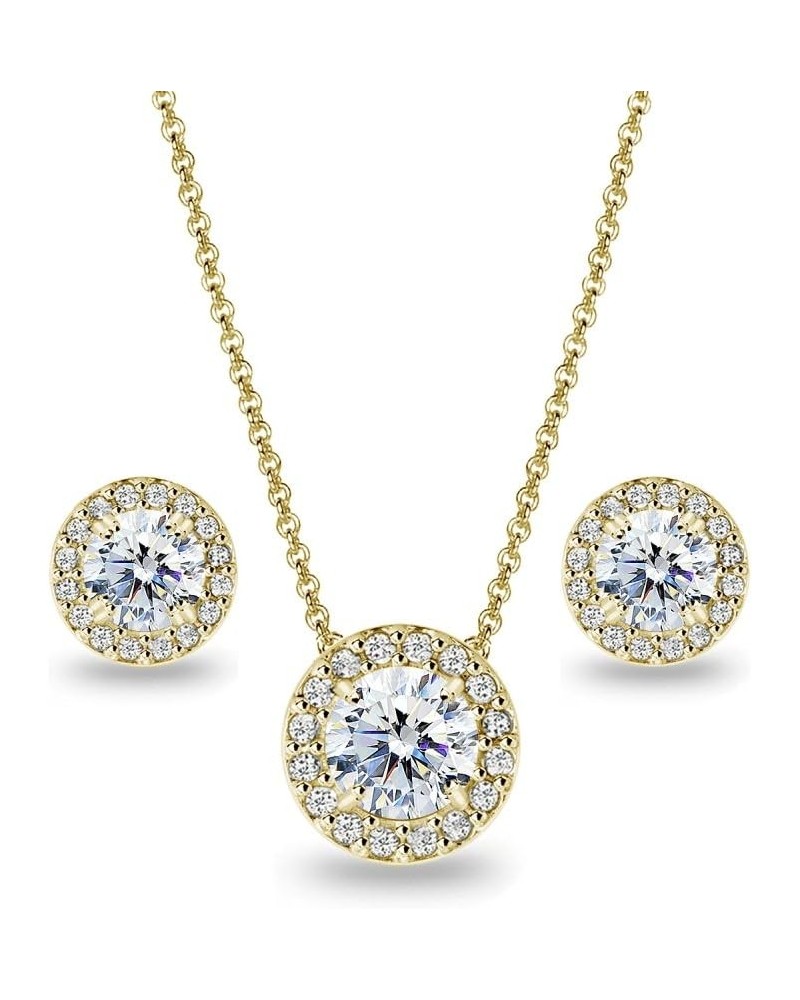 Sterling Silver AAA Cubic Zirconia Round Halo Stud Earrings & Necklace Jewelry Set for Women Yellow Gold Flashed Silver $34.1...