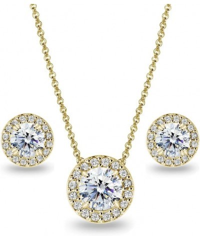 Sterling Silver AAA Cubic Zirconia Round Halo Stud Earrings & Necklace Jewelry Set for Women Yellow Gold Flashed Silver $34.1...