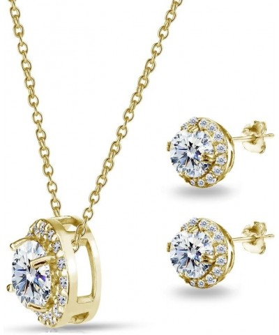 Sterling Silver AAA Cubic Zirconia Round Halo Stud Earrings & Necklace Jewelry Set for Women Yellow Gold Flashed Silver $34.1...