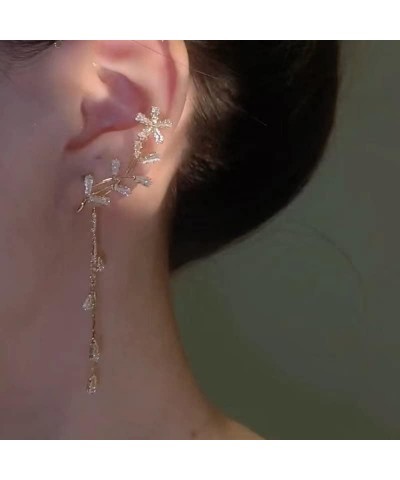 Elegant Rhinestone Butterfly Flower Tassel Ear Cuffs Fairy Wheat Wing Ear Wrap Non-pierced Wedding Bridal Clip on Earrings Co...