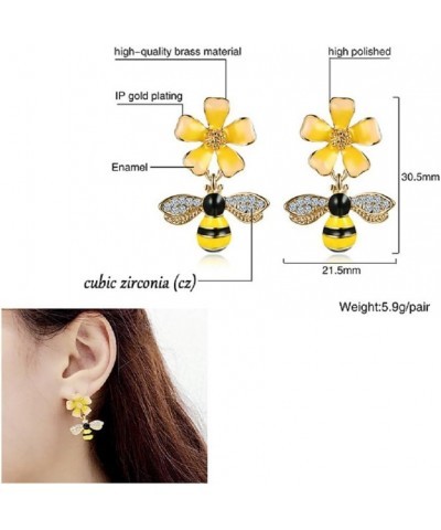 Gold Plated Bee Stud Dangle Drop Earrings for Women Girls Yellow Flower Crystal Jewelry Yellow Bee W749 $7.99 Earrings