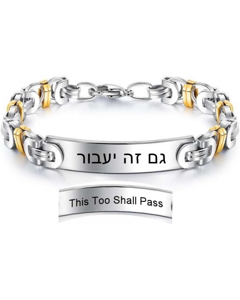 This Too Shall Pass Hebrew Statement Bracelet, Gold Silver Tone Stainless Steel Jewish Inspiration Byzantine Bracelet for Wom...