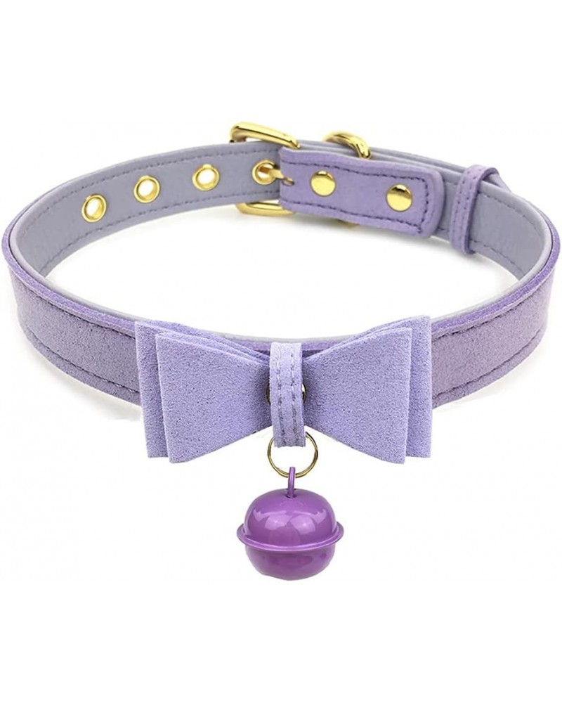 PU Leather Bow Collar Necklace Choker with Bell Cat Cosplay Kitty Necklace Choker Collar for Women U-Purple-Purple Bell $11.2...