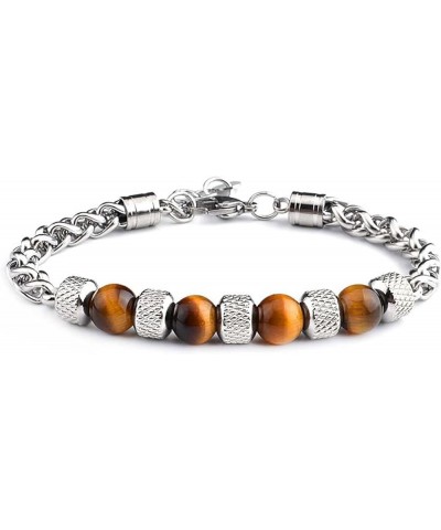 Fashion Women Men Charm 8MM Natural Stone Strand Bracelets Stainless Steel Link Chain Bangles Tiger eye Beaded Yoga Bracelet ...