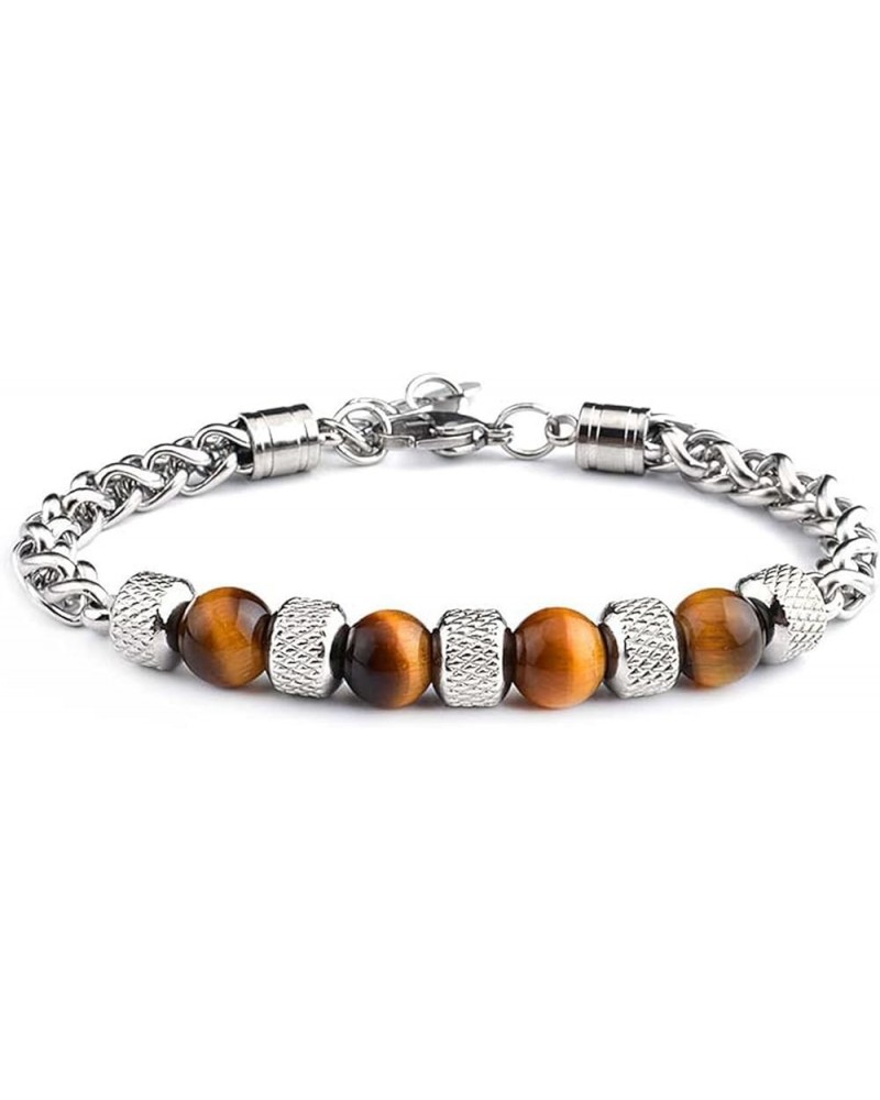 Fashion Women Men Charm 8MM Natural Stone Strand Bracelets Stainless Steel Link Chain Bangles Tiger eye Beaded Yoga Bracelet ...