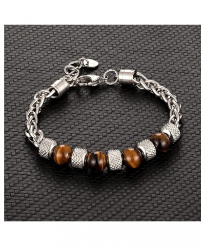 Fashion Women Men Charm 8MM Natural Stone Strand Bracelets Stainless Steel Link Chain Bangles Tiger eye Beaded Yoga Bracelet ...