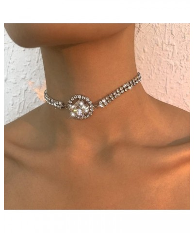 Rhinestone Choker Necklace Silver Circle Diamond Crystal Chokers Adjustable Necklaces Chain Fashion Accessories for Women Gir...