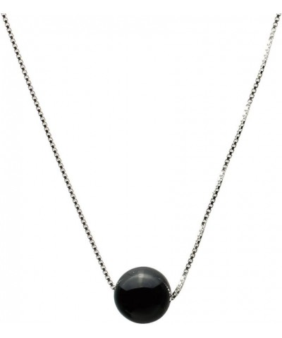 Floating Round 10mm Black Onyx Stone Station Sterling Silver Box Chain Necklace Adjustable 20 inches $11.79 Others