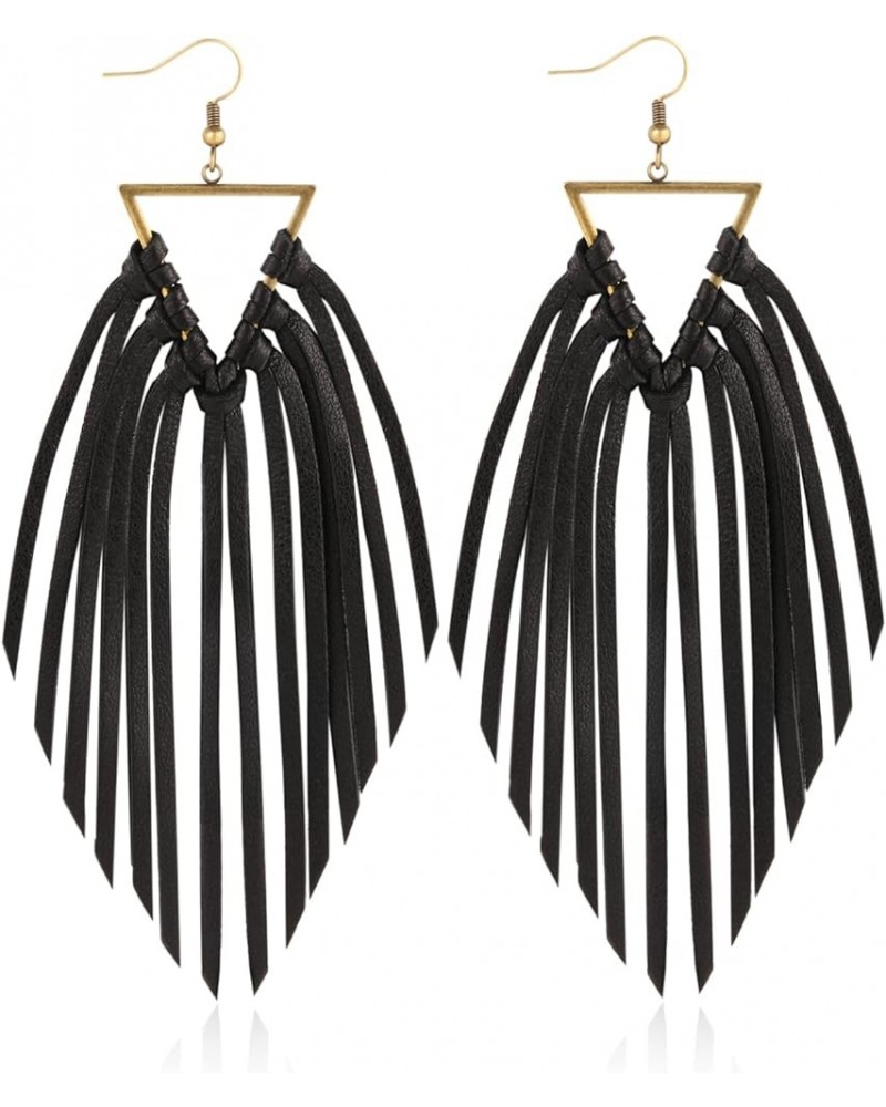 Fringe Leather Earrrings Triangle Deerskin Leather Boho Western Statement Dangel Earrings for Women Girls Black $10.39 Earrings