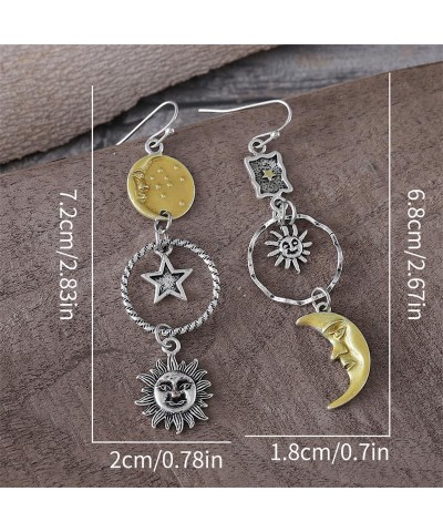 Vintage Sun Moon Face Star Dangle Earrings for Women Girls Boho Long Sun Moon Star Tassel Drop Earrings Greek Mythology Asymm...