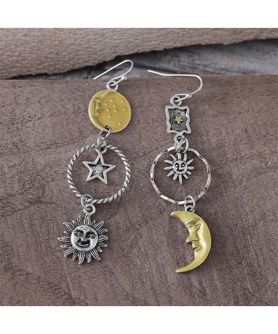 Vintage Sun Moon Face Star Dangle Earrings for Women Girls Boho Long Sun Moon Star Tassel Drop Earrings Greek Mythology Asymm...