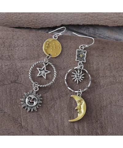 Vintage Sun Moon Face Star Dangle Earrings for Women Girls Boho Long Sun Moon Star Tassel Drop Earrings Greek Mythology Asymm...