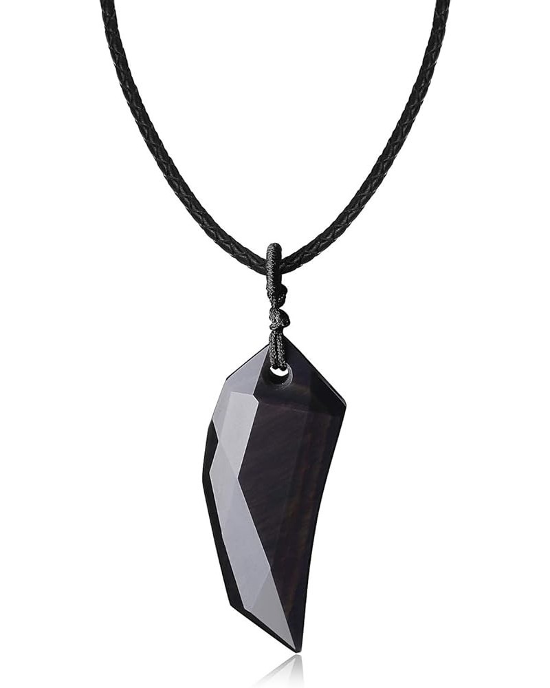 Amulet Faceted Stone Wolf Tooth Pendant Necklace Leather Cord(Obsidian) $12.88 Necklaces