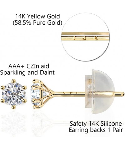 14k real solid Yellow Gold white cz Stud solitaire round cubic Earrings for women 6prong setting with 14k gold silicone earri...