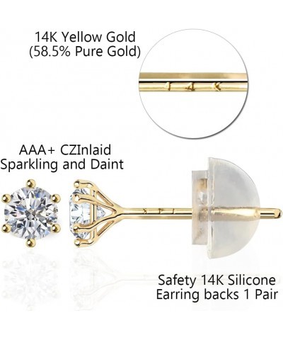 14k real solid Yellow Gold white cz Stud solitaire round cubic Earrings for women 6prong setting with 14k gold silicone earri...