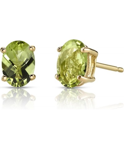 Solid 14K Yellow Gold Peridot Earrings for Women, Genuine Gemstone Birthstone Classic Solitaire Studs, 7x5mm Oval Shape, 2 Ca...