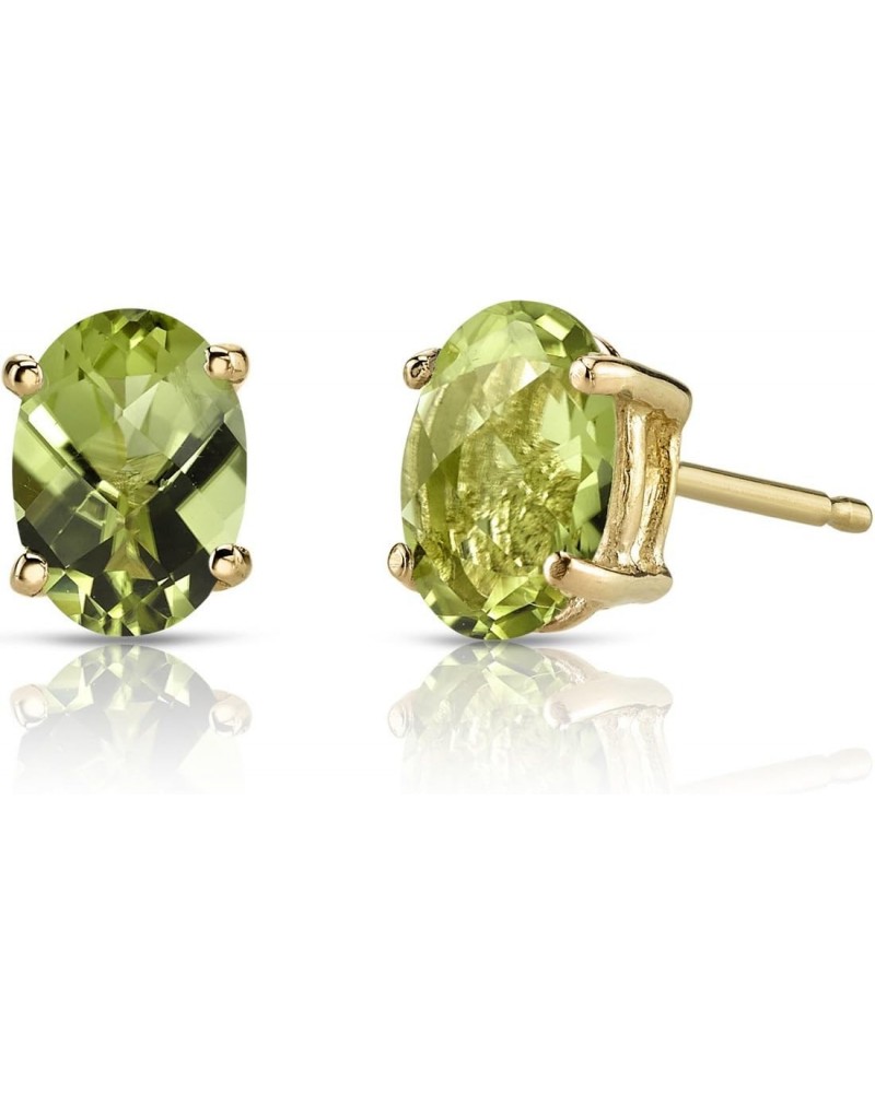 Solid 14K Yellow Gold Peridot Earrings for Women, Genuine Gemstone Birthstone Classic Solitaire Studs, 7x5mm Oval Shape, 2 Ca...