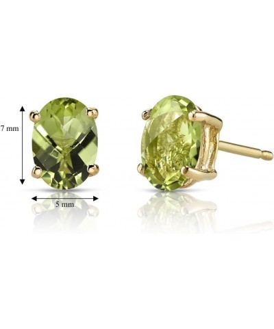 Solid 14K Yellow Gold Peridot Earrings for Women, Genuine Gemstone Birthstone Classic Solitaire Studs, 7x5mm Oval Shape, 2 Ca...