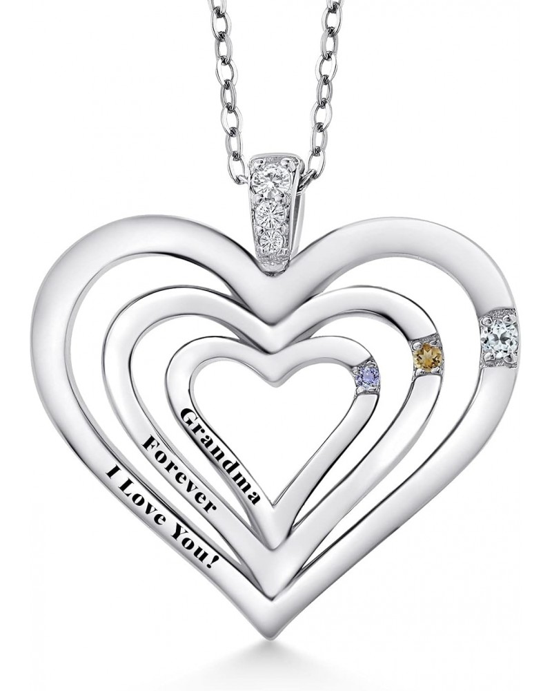 925 Sterling Silver Engraved Customized and Personalized 3-Stone Gemstone Birthstone and White Lab Grown Diamond Heart Pendan...