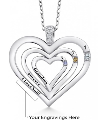 925 Sterling Silver Engraved Customized and Personalized 3-Stone Gemstone Birthstone and White Lab Grown Diamond Heart Pendan...