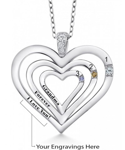 925 Sterling Silver Engraved Customized and Personalized 3-Stone Gemstone Birthstone and White Lab Grown Diamond Heart Pendan...