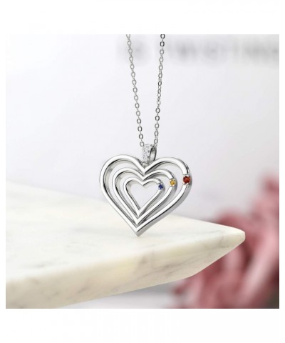 925 Sterling Silver Engraved Customized and Personalized 3-Stone Gemstone Birthstone and White Lab Grown Diamond Heart Pendan...