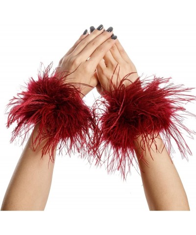 Women Ostrich Feather Bracelet Wrist Cuffs Furry for Party Wedding Bride Concert Luxurious wine $12.30 Bracelets