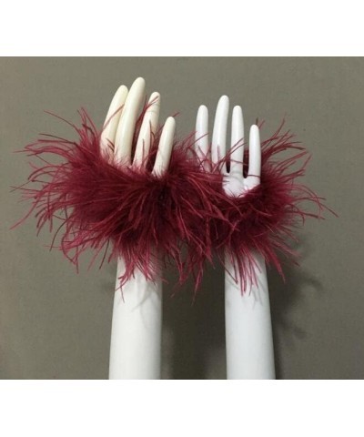 Women Ostrich Feather Bracelet Wrist Cuffs Furry for Party Wedding Bride Concert Luxurious wine $12.30 Bracelets