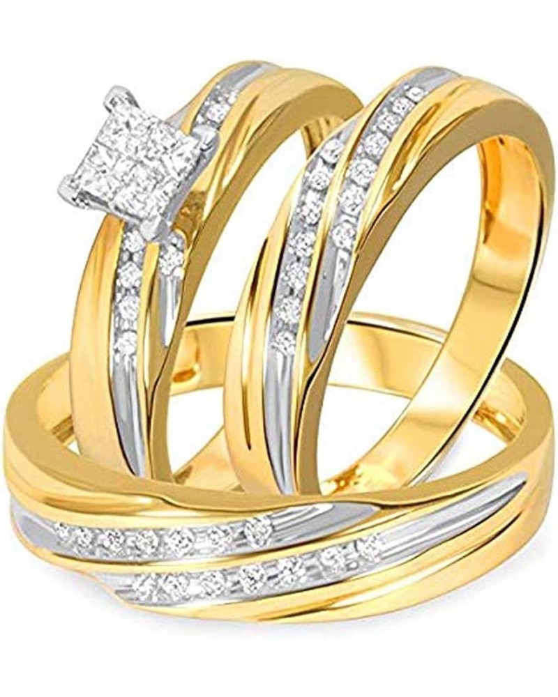 Princess D/VVS1 Diamond 14K Two-Tone Gold Plated 925 Sterling Silver Bridal Wedding Trio Ring Set for Him & Her Women Size 7 ...