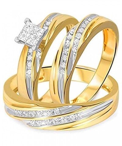 Princess D/VVS1 Diamond 14K Two-Tone Gold Plated 925 Sterling Silver Bridal Wedding Trio Ring Set for Him & Her Women Size 7 ...