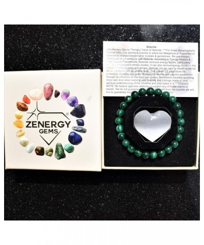 Charged Natural Gemstone Crystal 8mm Bead Bracelet + Selenite Charging Heart [Included] Malachite (Congo) $6.32 Bracelets