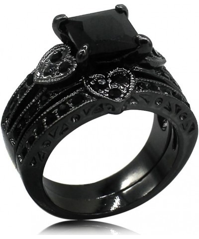 Black Rhodium Plated Princess Cut Heart Shape Wedding Engagement Bridal Ring Set Black $6.83 Sets