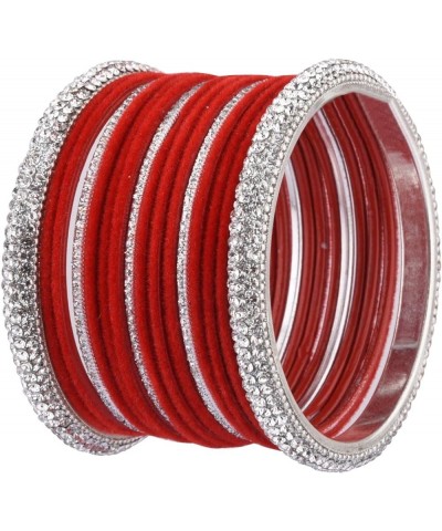 Indian Wedding Bangles Set Crystal CZ Rhinestone Velvet Bridal Bangle Set Bracelet Fashion Jewelry For Women (34 Pcs) 2-8 Red...