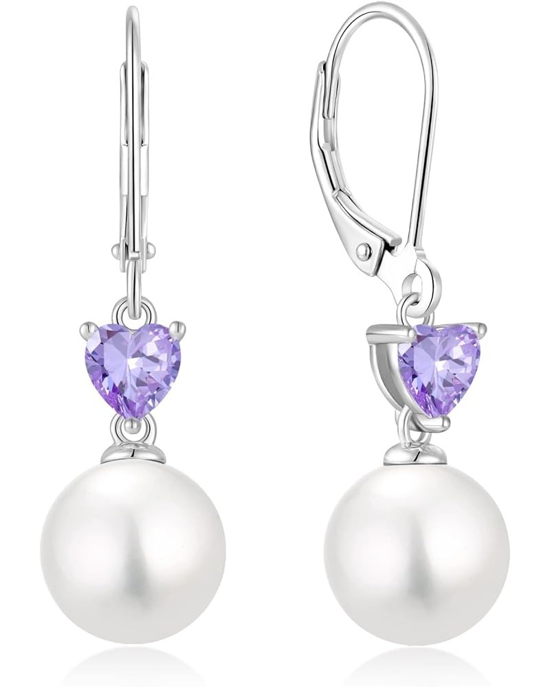 Pearl Earrings for Women 925 Sterling Silver 5A Cubic Zirconia Heart Birthstone Dangle Drop Leveback Earrings Jewelry Valenti...