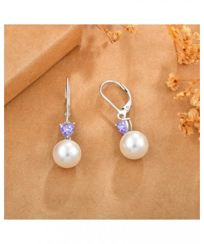 Pearl Earrings for Women 925 Sterling Silver 5A Cubic Zirconia Heart Birthstone Dangle Drop Leveback Earrings Jewelry Valenti...